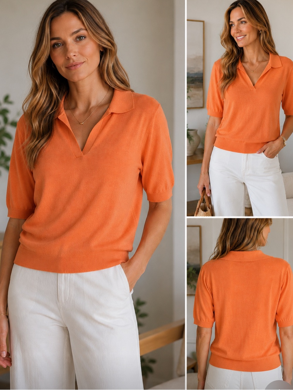 Kinross Silk Cashmere Summer Polo Sweater Orange Size Large Luxury Knit